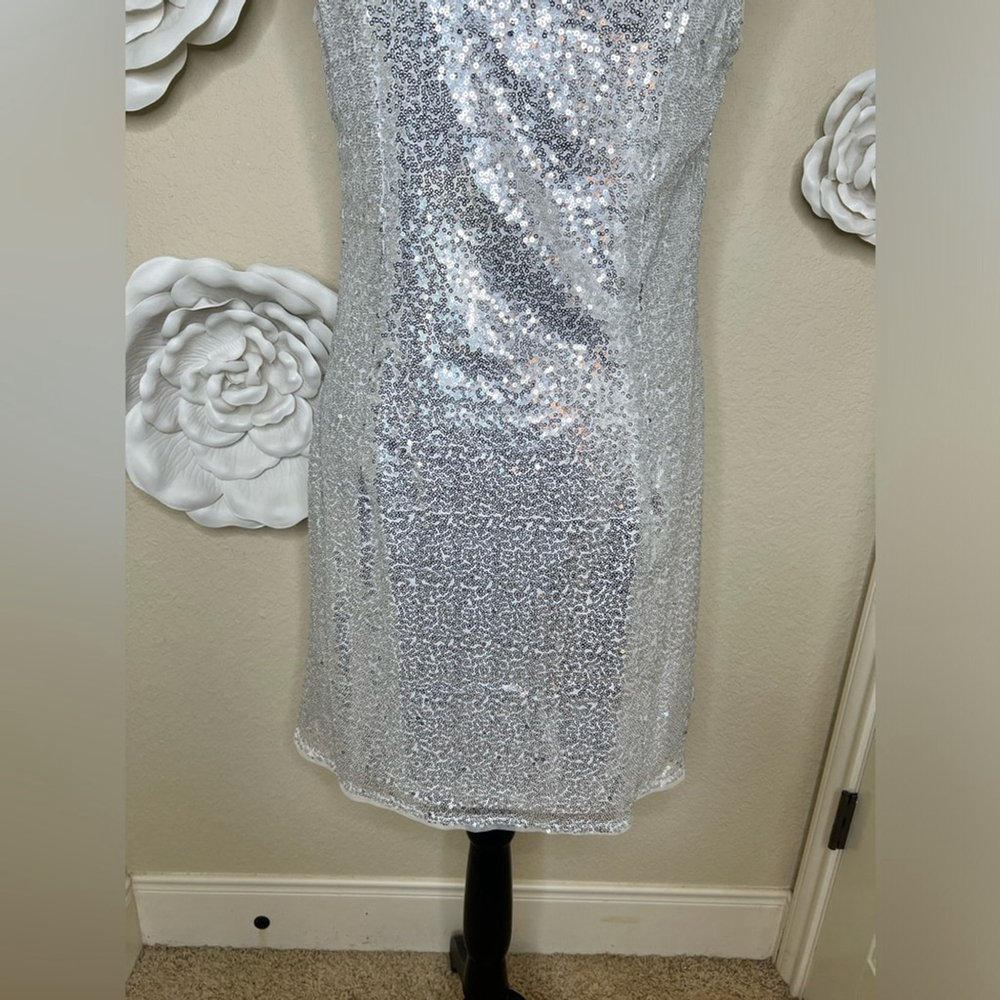 Kate Kasin Silver Sequined Sleeveless V Neck Cocktail Dress Size Large - Picture 12 of 16
